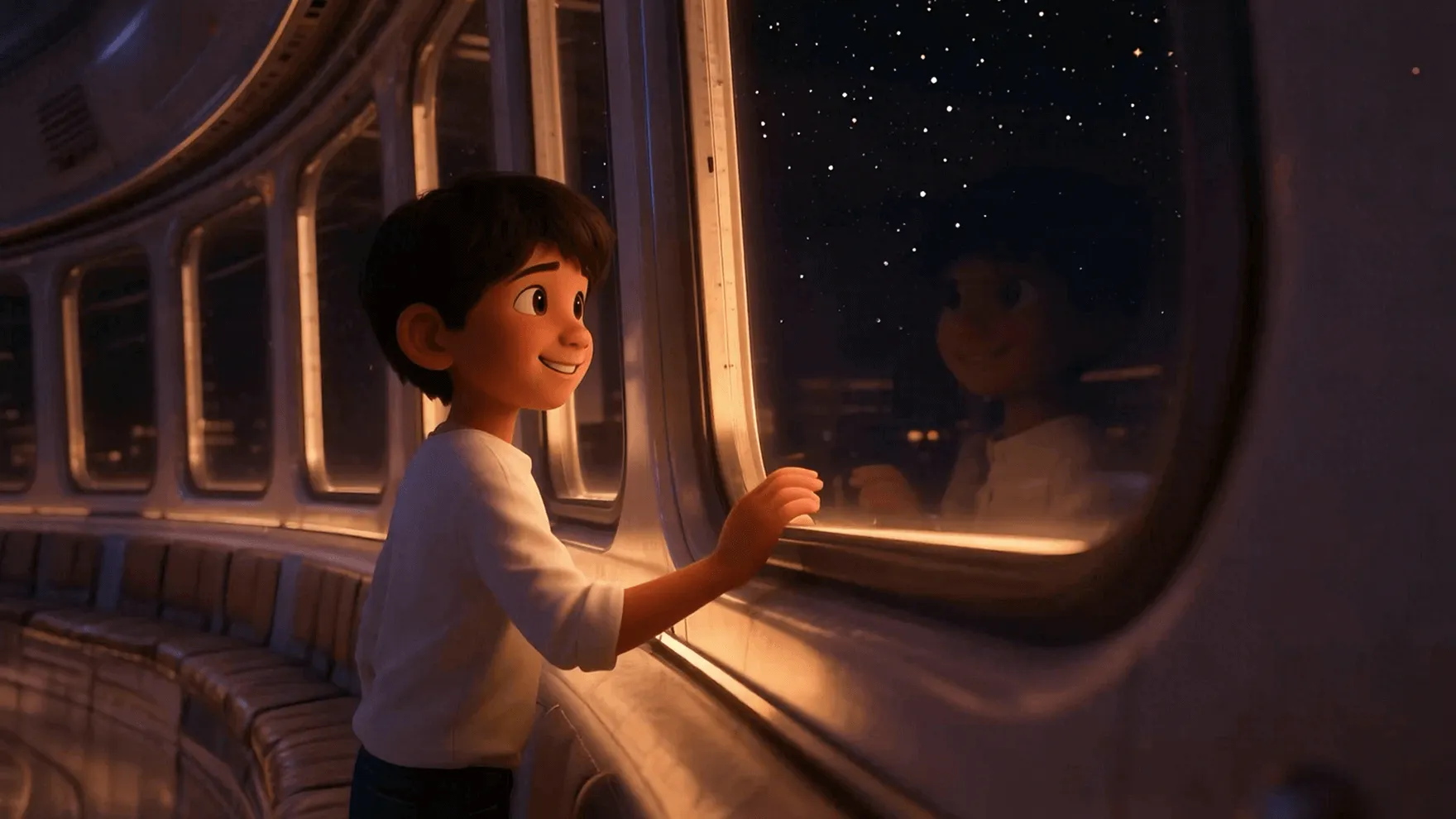 A cinematic Pixar-style scene inside a futuristic space station. The camera begins behind the character, showing a warm, soft key light reflecting off smooth, stylized surfaces. The character stands in front of a large curved observation window. The camera slowly pushes in. The character gently reaches one hand beyond the window frame as if touching the void. Outside, Earth appears in deep blue, white clouds swirling with realistic volumetric lighting. As the camera moves closer, the view transitions through the window boundary and flies outward into space. The shot accelerates smoothly, flying past floating satellites and glimmering station structures. The camera then pulls far back to reveal the full glowing Earth with rich Pixar-like color grading, soft rim lighting, and cinematic lens effects, including subtle depth of field, bokeh, and light bloom. Ultra-high resolution, smooth animation, emotional and magical atmosphere.