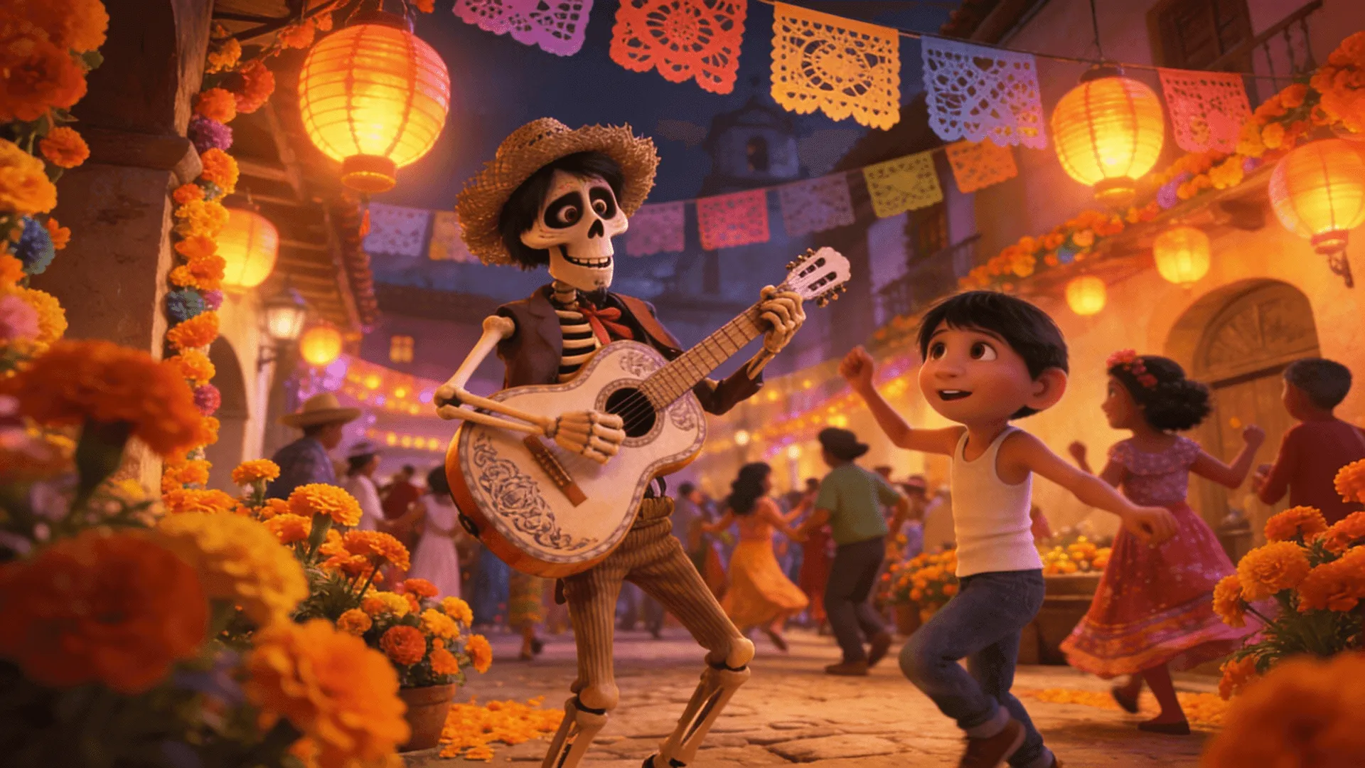 bustling street filled with glowing papel picado banners, colorful marigold flowers, A skeleton musician is playing the guitar, children dancing, warm lantern light, cinematic wide-angle, style inspired by vibrant animated films like Coco.