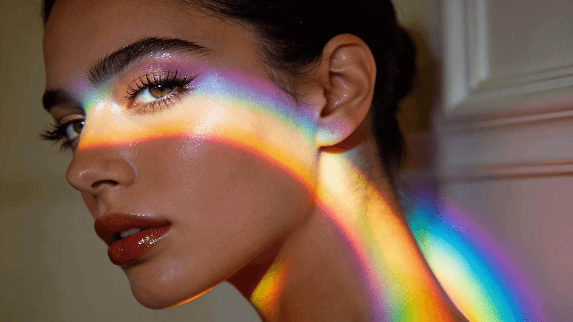 Prism-lens creates ethereal color streaks and dreamlike blur effects across intimate close-up portrait, featuring refined subject with sophisticated allure against soft diffused lighting in premium studio environment.