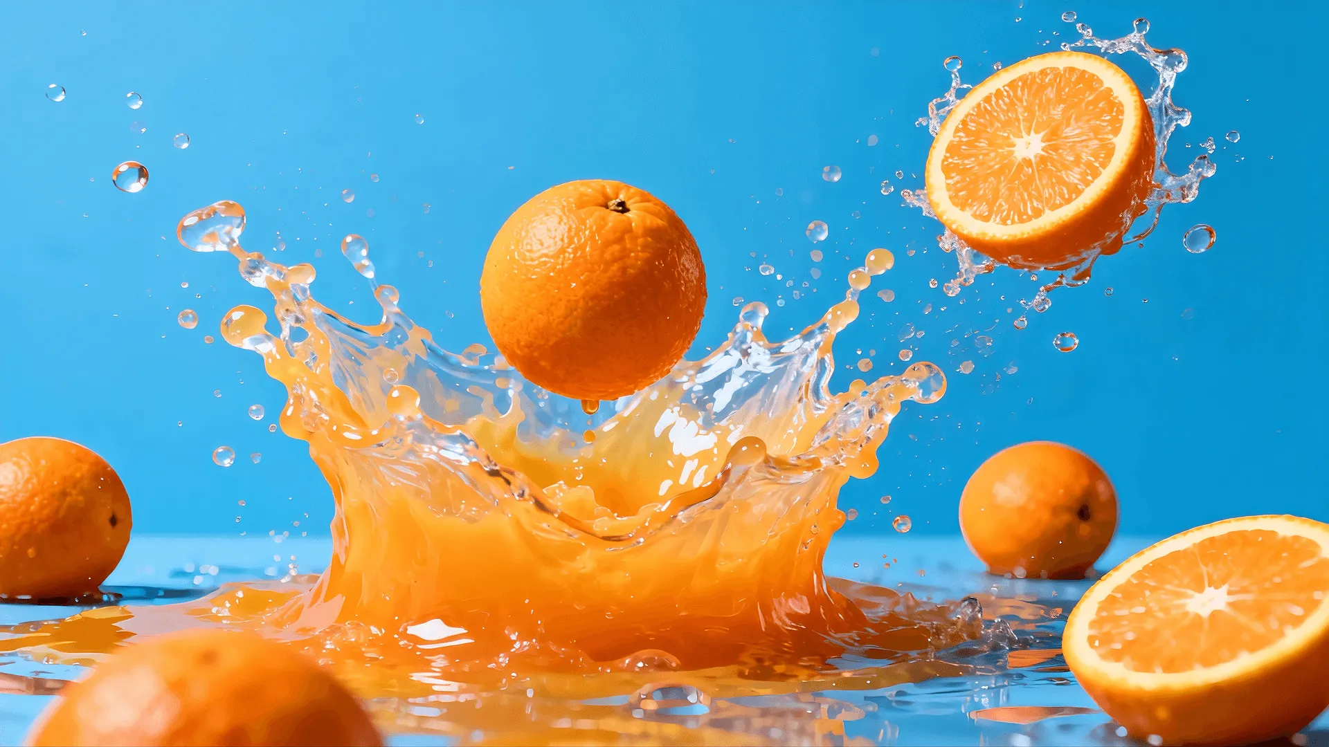 Fresh orange drops in slow motion into orange juice, erupting into a splash. Camera pushes forward as the splash rises to reveal a Saniie juice bottle at center, surrounded by floating orange slices and tumbling ice cubes. Background shifts from blue to warm blue-orange gradient. Ultra slow-motion, commercial ad style, photorealistic liquid and ice, studio lighting.