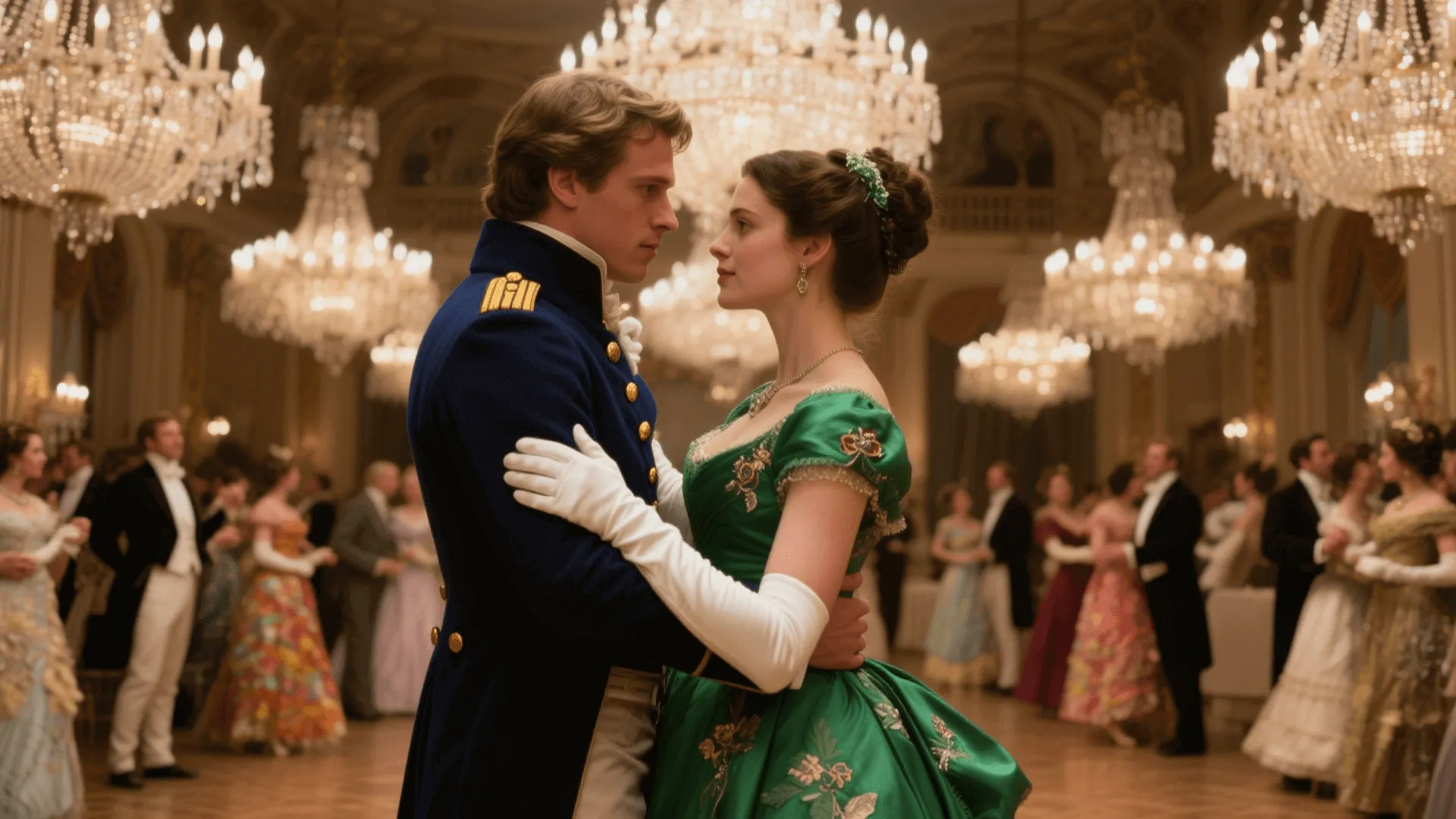 A young couple dancing intimately in a grand 19th-century ballroom. The man wears a navy blue military dress uniform with gold epaulettes and white gloves, gazing tenderly into the woman's eyes. She wears an emerald green off-shoulder Victorian ball gown with floral embroidery, hair pinned up with a jeweled accessory, pearl earrings. Dozens of crystal chandeliers illuminate the gilded hall. Other elegantly dressed couples waltz softly in the background. Warm golden candlelight, cinematic depth of field, romantic and ethereal atmosphere, photorealistic period drama style.