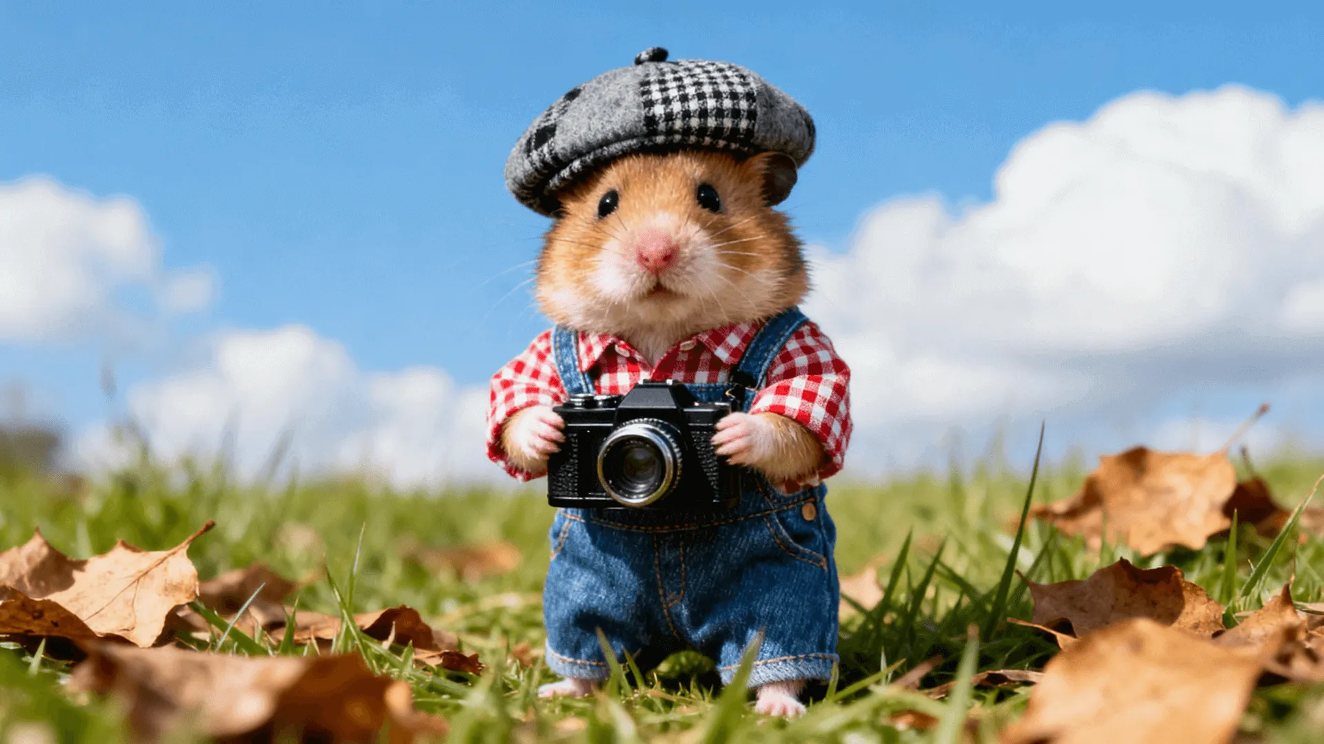 A tiny hamster dressed in denim overalls and a red plaid shirt, wearing a houndstooth flat cap, stands upright in a grassy autumn field scattered with fallen leaves, holding a vintage film camera up to its face as if taking a photo. Soft natural daylight, fluffy white clouds in a blue sky background. Cinematic depth of field, warm autumn tones, photorealistic style, cute and charming mood.