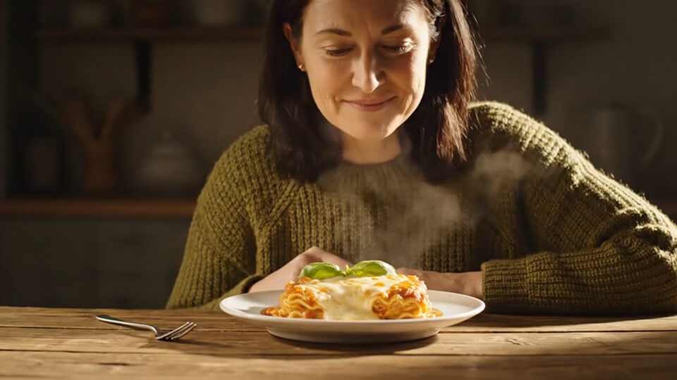 The video opens with a medium shot at eye level of Character A, a middle-aged person with gentle features, sitting at a rustic wooden table. Sunlight filters through a nearby window, casting soft warm light over the scene. On the table lies a white ceramic plate piled with steaming lasagna, topped with melted cheese and fresh basil leaves. The background is softly blurred, hinting at a cozy home kitchen with faint shadows of shelves and utensils. The overall atmosphere is warm and inviting, with cinematic realism. The camera remains at medium shot, focusing on Character A. They pick up a silver fork, which glints in the sunlight, and stab into the lasagna. You hear the subtle scrape of the fork against the plate. Character A lifts a portion towards their mouth, twirling it slightly with practiced ease. As they chew slowly, the sound of soft, wet mouth movements and gentle swallowing is clearly audible. Room reverb subtly enhances the Foley, making the eating sounds rich and immersive. The lighting continues to illuminate the scene naturally, highlighting the melted cheese and vibrant sauce. The soft background blur keeps the focus on the action and audio details. Ambient kitchen sounds—like a faint kettle whistle or distant clock ticking—add subtle depth without overpowering the chewing sounds. The style is realistic with a cinematic touch. The sequence lasts 8 seconds, emphasizing the clarity of fork scraping, chewing, and swallowing sounds. No background music or dialogue is included.