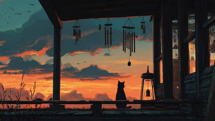 A black cat silhouette sits alone on a weathered wooden porch, gazing at a dramatic orange and teal sunset sky. Wind chimes hang overhead swaying gently, a lantern glows softly beside it. Birds drift across the clouds in the distance. Camera holds still, wind chimes sway, cat's tail flicks slowly. Melancholic and peaceful mood, lofi anime illustration style.