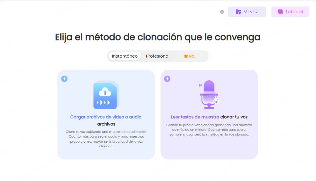 seleccionar los metodos para clonar voz con IA en Topmediai