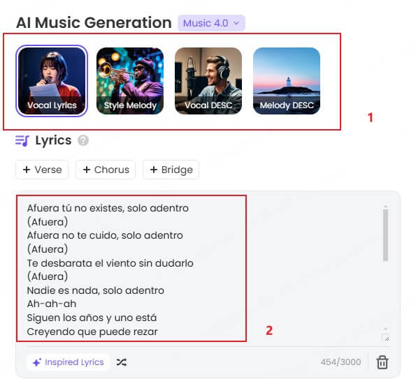 tablero de Topmediai para ingresar las letras de canciones de caifanes