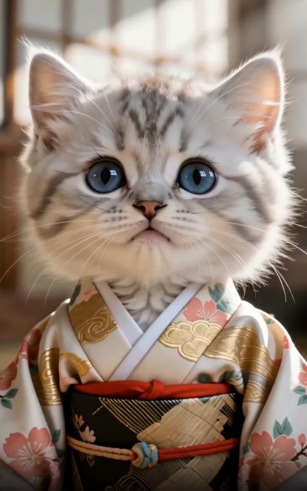 和風の着物を着たAI小猫の可愛いダンス動画