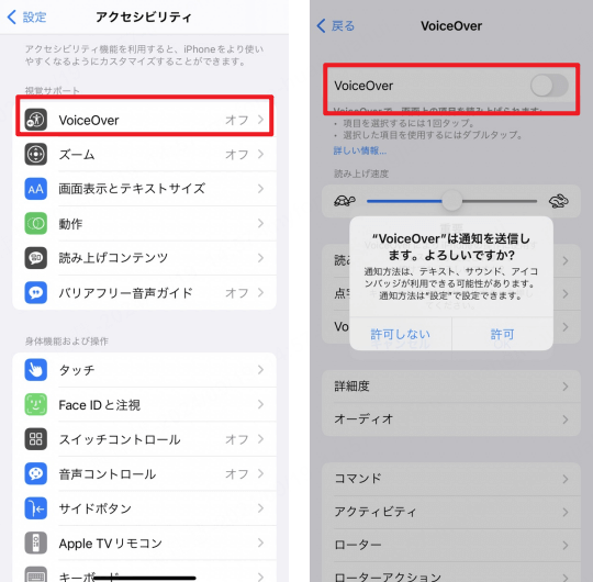 「voiceover」をオンにする