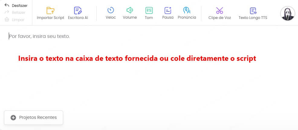 insira o texto que deseja transformar em áudio da voz assustadora