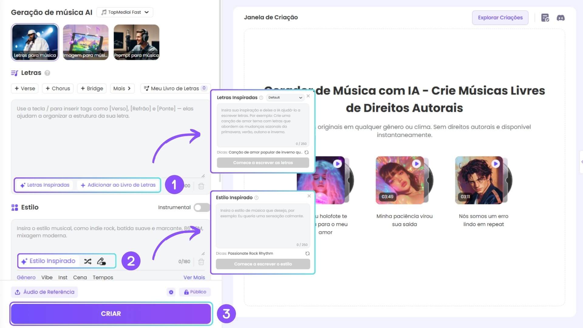 1.Gere letras para criar músicas com IA