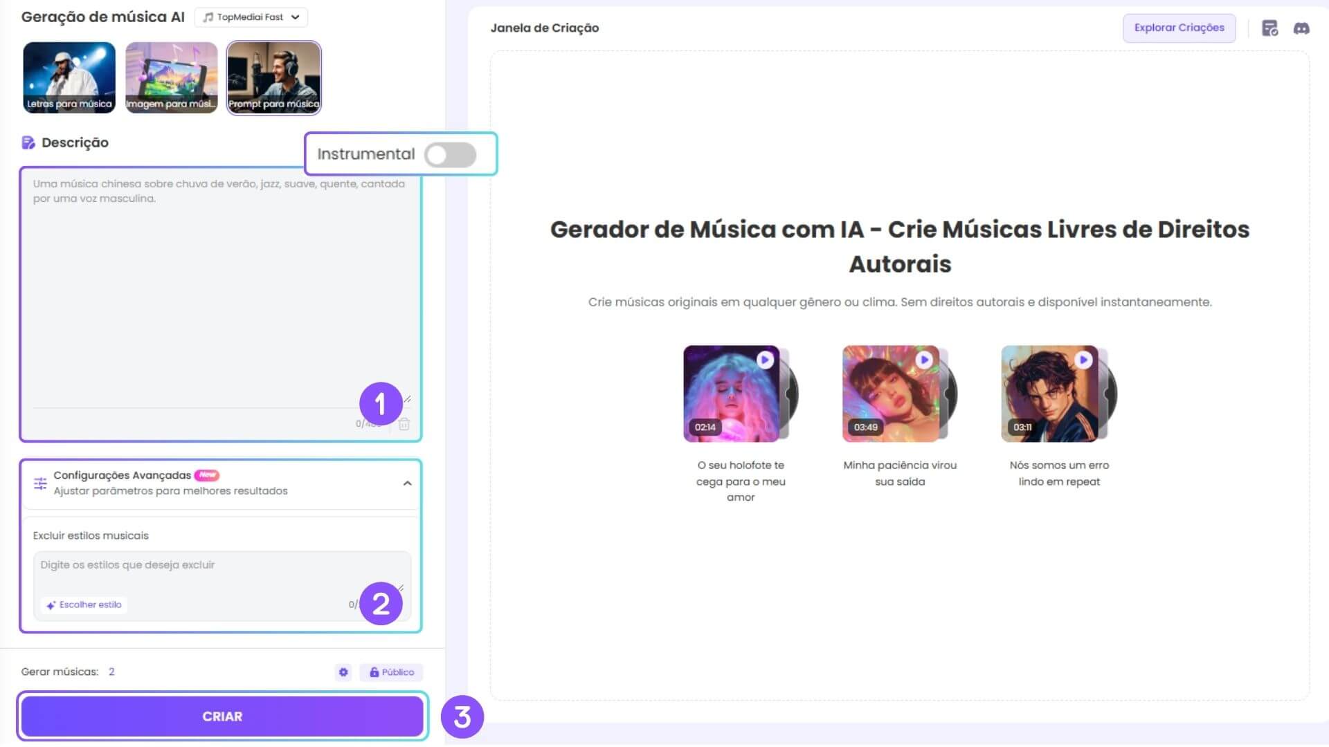 2. Insira a descrição para gerar uma música com IA