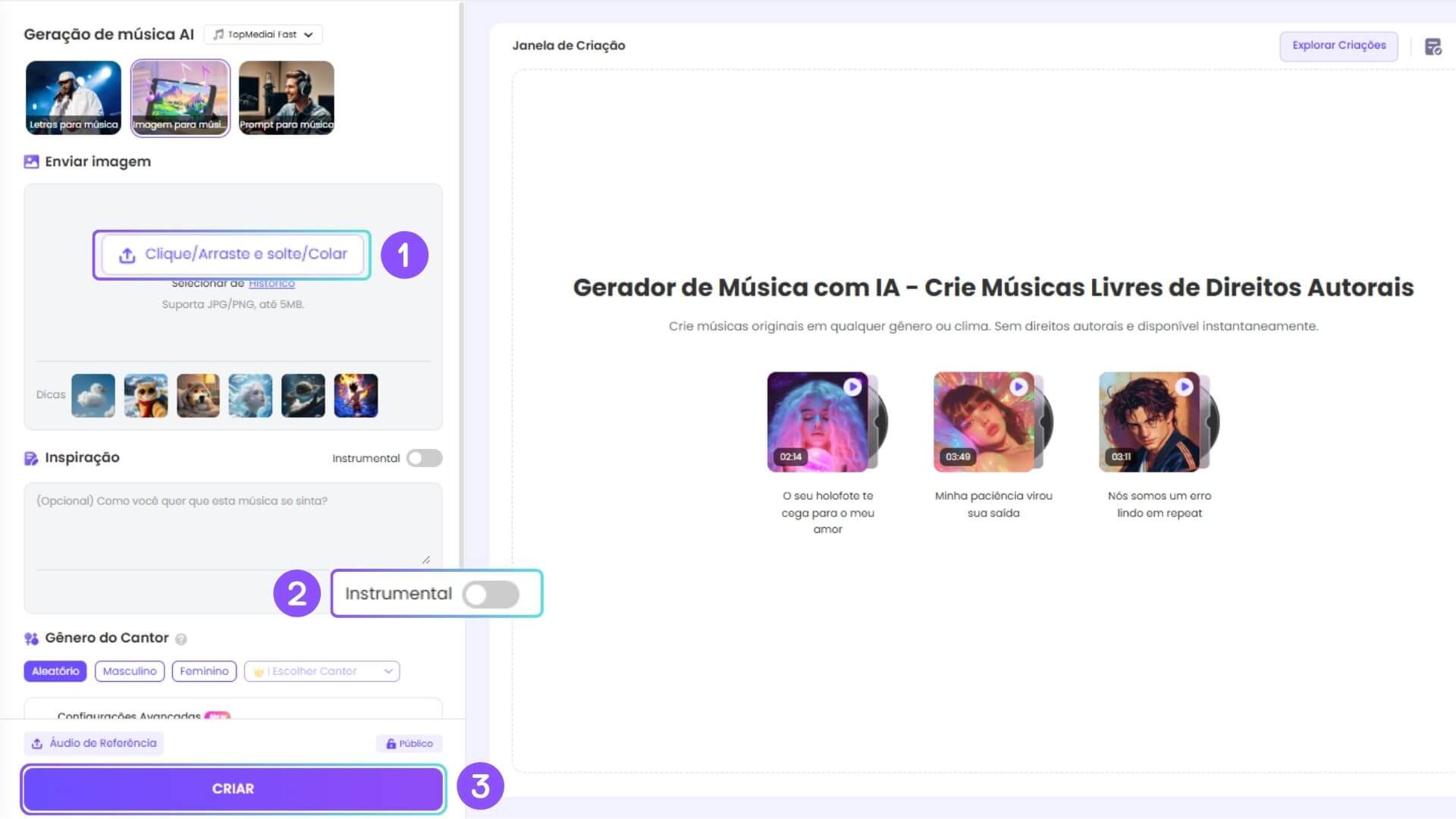 3. Envie uma imagem para criar uma música com IA gratuitamente.