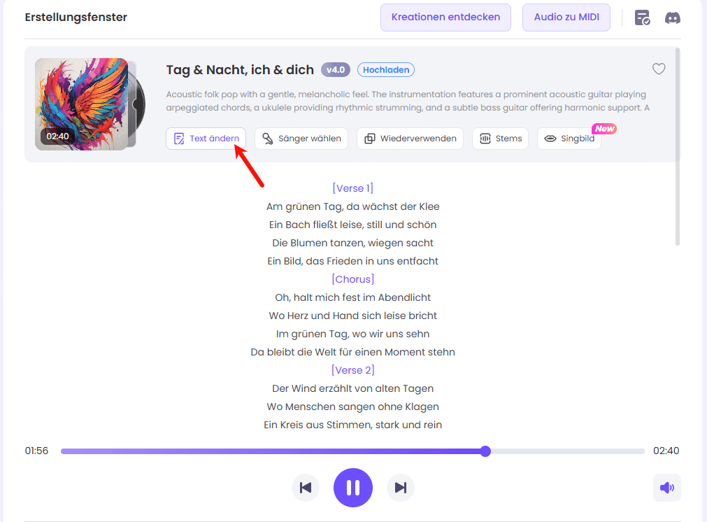 Auf Liedtexte ändern Button klicken