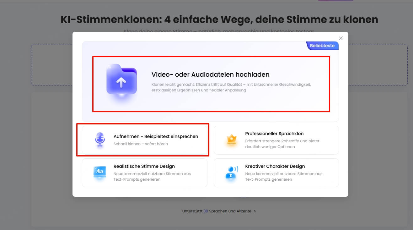 Stimme zum Klonen hochladen
