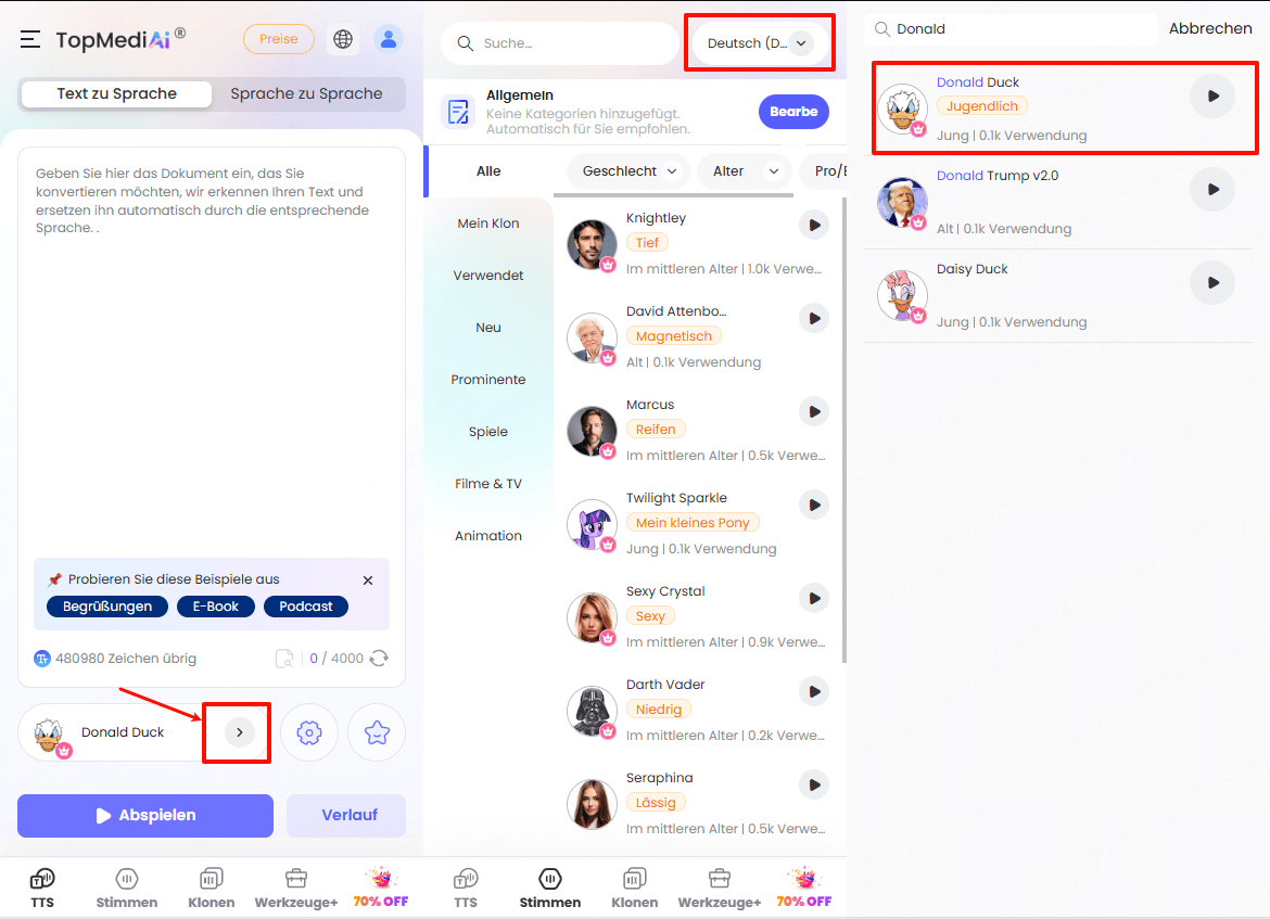 Donald Duck Stimme in TopMediai Handy Website finden