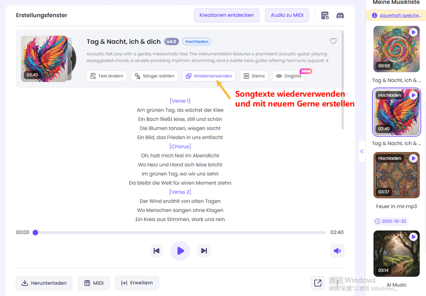 Songtexte wiederverwenden