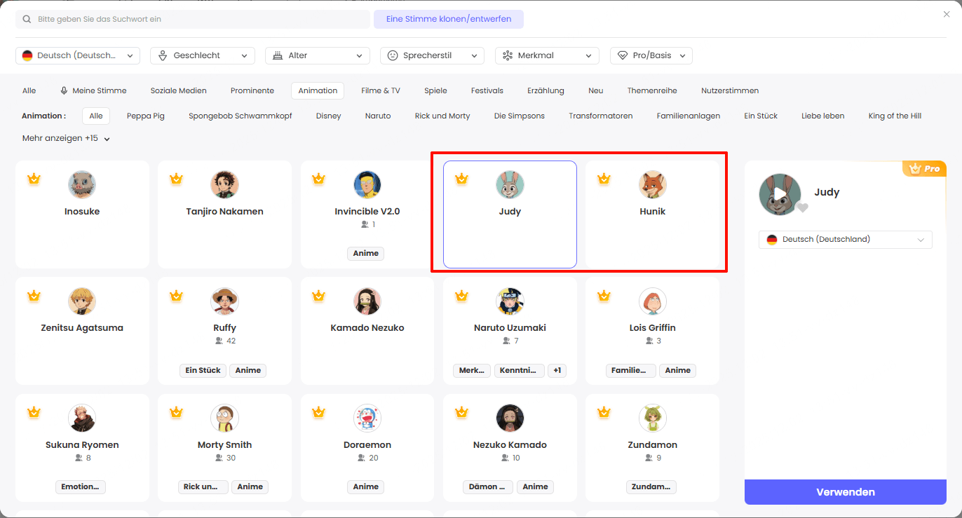 Judy KI Stimme in TopMediai auswählen