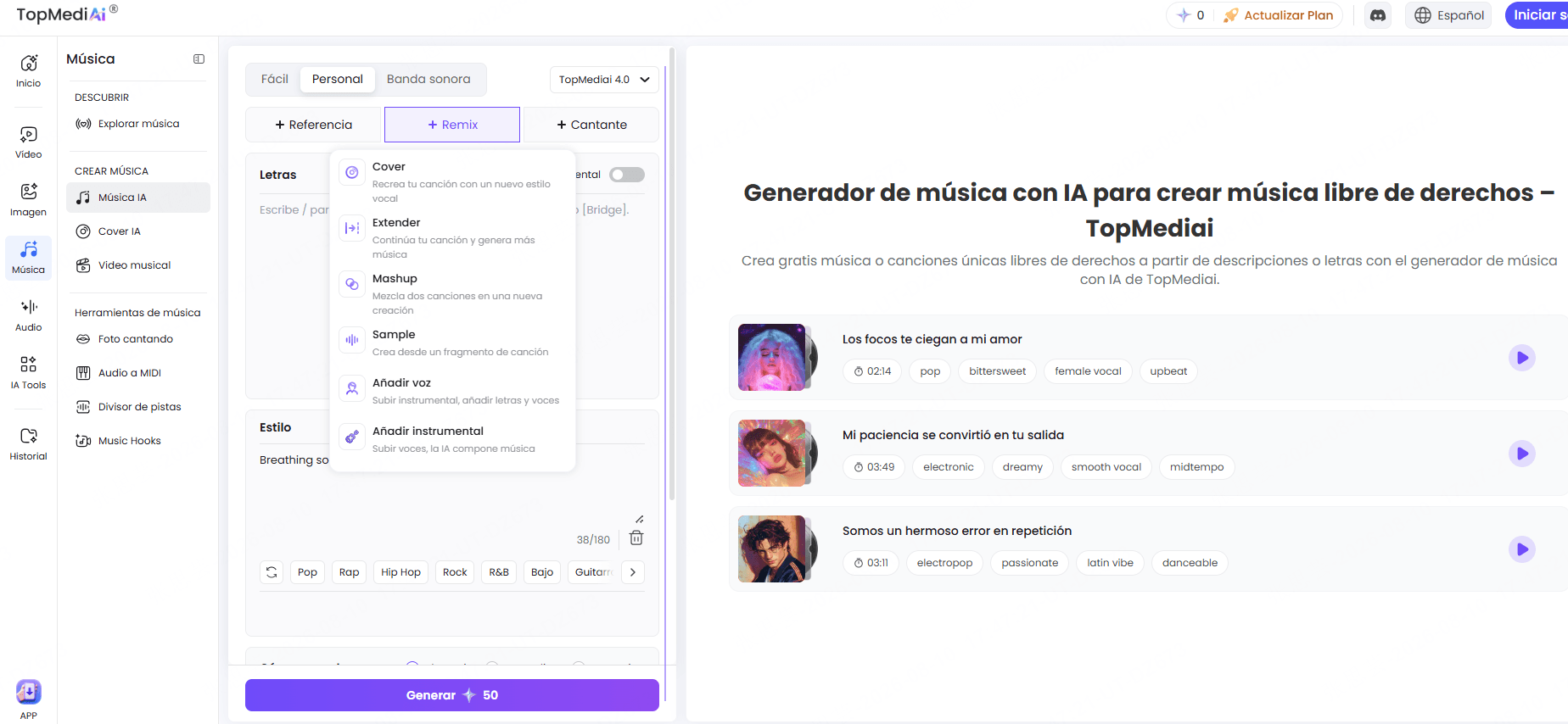 panel de TopMediai para cambiar el estilo de una canción