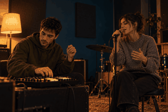 Dos jóvenes ensayando freestyle con un micrófono en un local de ensayo