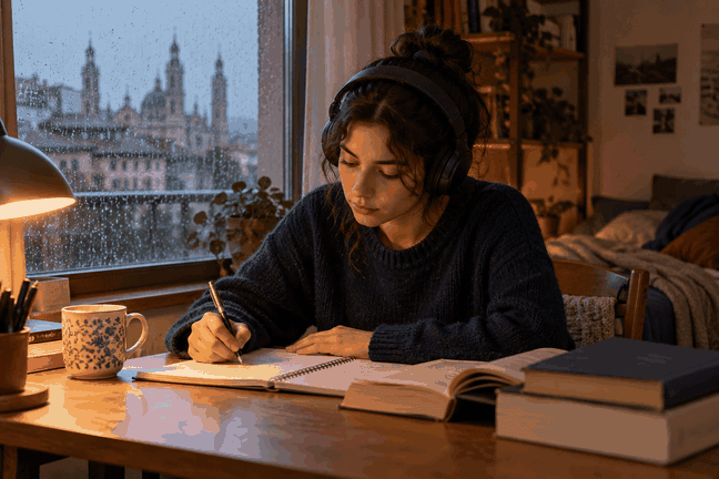 Joven estudiando con auriculares junto a una ventana en una tarde de lluvia