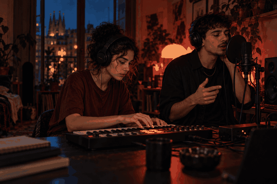 Productora y vocalista probando una maqueta de trap en un estudio doméstico