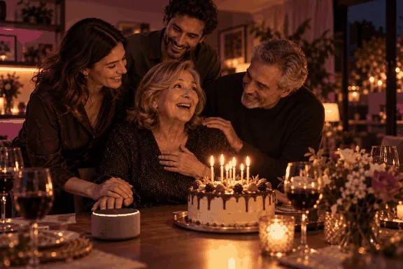 Familia celebrando el cumpleaños de mamá con una canción personalizada