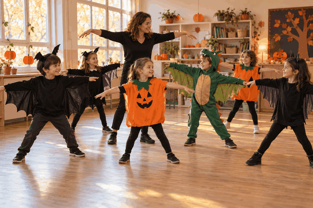 Una profesora y un grupo de primaria ensayan un baile de Halloween con alas de cartón.