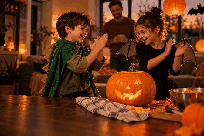 Leo y Nora bailan junto a su calabaza sonriente en una fiesta familiar de Halloween.