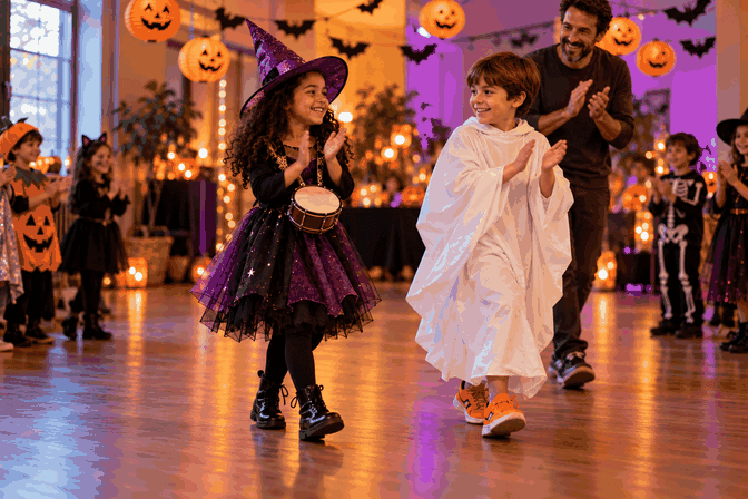 Mia y Ben dan palmas durante su desfile de disfraces de Halloween.