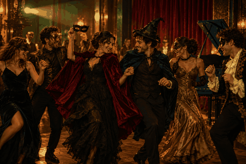 Inés, Marcos y sus amigos bailan disfrazados en una fiesta dentro de un cine antiguo.