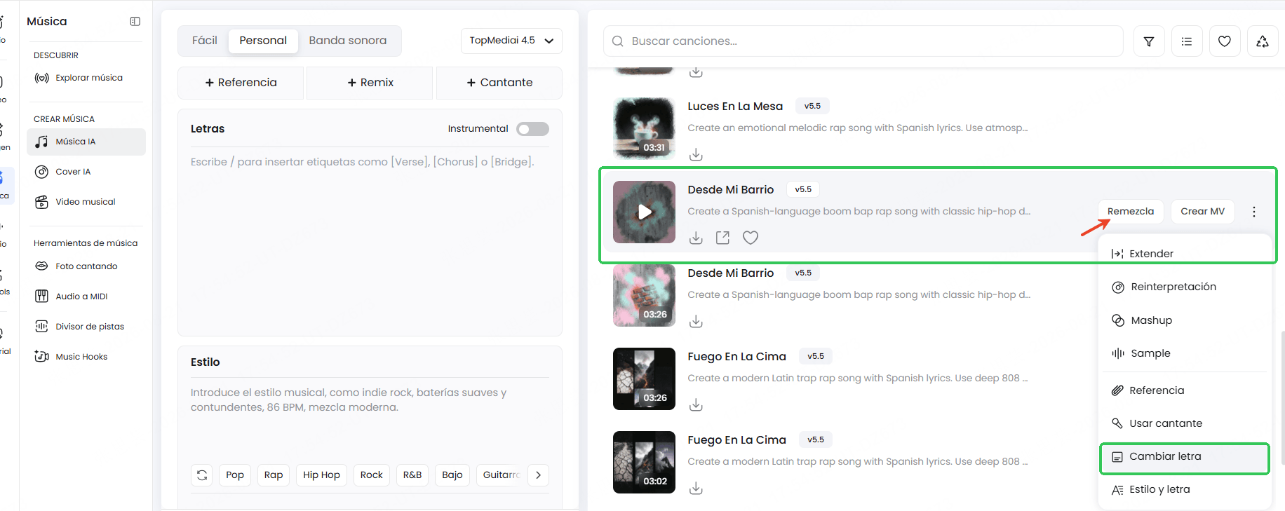 abrir Remix y Change Lyrics en TopMediai