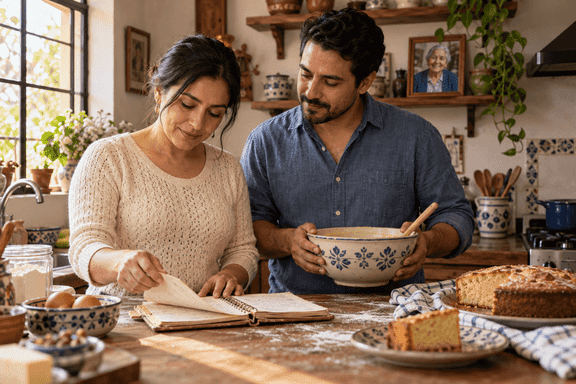 Dos adultos preparando un pastel junto a una libreta, con una fotografía enmarcada al fondo.