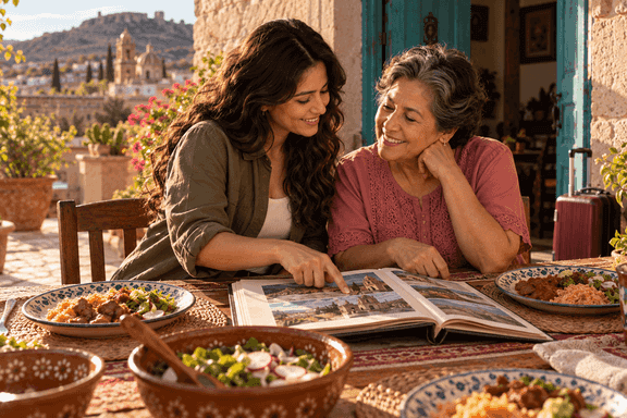 Dos mujeres mirando un álbum de fotos en una mesa con platos de cerámica.