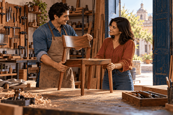 Dos adultos colocando una silla de madera junto a un banco de carpintería.
