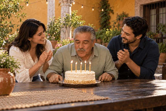 Hombre soplando las velas de un pastel mientras dos adultos aplauden.