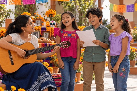 Una mujer toca la guitarra junto a tres niños que cantan frente a una ofrenda.