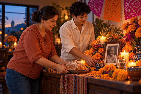 Una mujer y un joven acomodan una taza y pan de muerto junto a una fotografía en la ofrenda.
