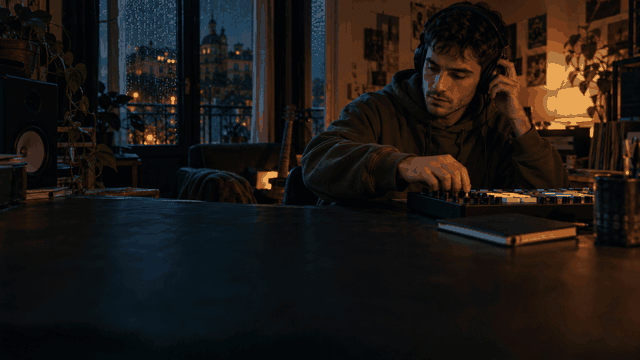 Joven con auriculares preparando una base de hip hop en un pequeño estudio de Madrid