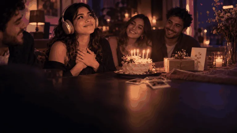 Mujer escuchando una canción personalizada de cumpleaños preparada como regalo