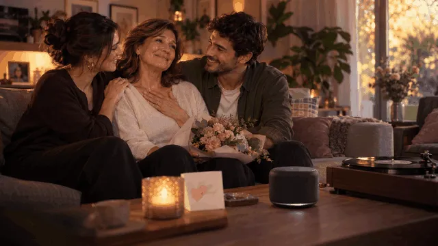 Madre adulta escuchando con emoción una canción personalizada en una reunión familiar del Día de la Madre