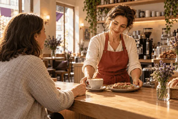 Dueña de una cafetería sirviendo café y pan mientras prepara contenido para su negocio