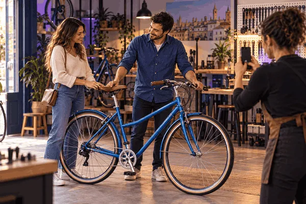 Responsable de un taller mostrando una bicicleta revisada para un anuncio de servicios