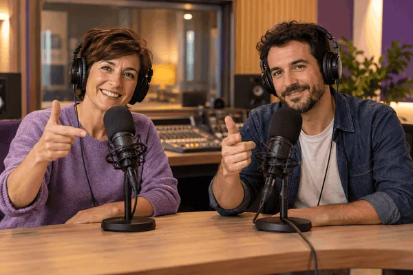 Dos profesionales de radio local preparando la entrada de un programa de mañana