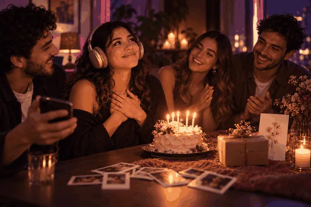 Amigos regalando una canción personalizada durante una fiesta de cumpleaños