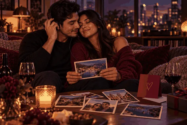 Pareja escuchando una canción personalizada como regalo de aniversario
