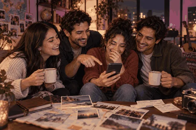 Grupo de amigos compartiendo una canción personalizada sobre sus recuerdos