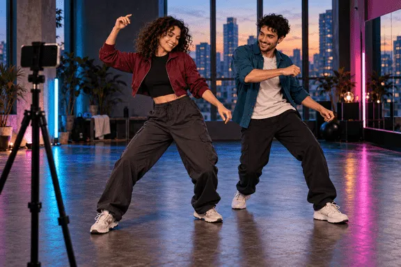 Dos personas adultas ensayan una coreografía ante un móvil situado a un lado del estudio.