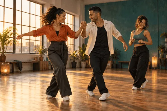 Tres personas adultas practican pasos de baile en un estudio con luz cálida y detalles turquesa.