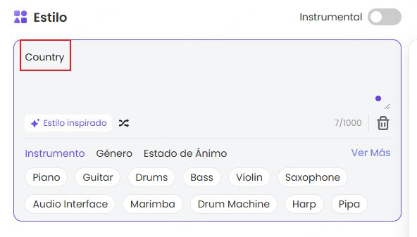 Seleccionar el estilo Country para hacer musica country en Topmediai