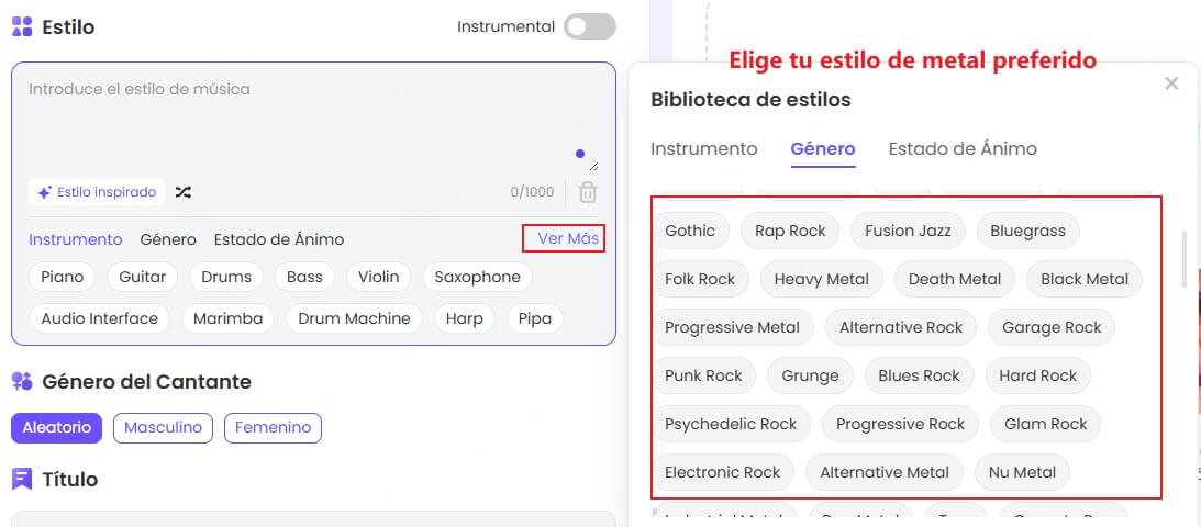 Seleccionar el los estilos de Metal para hacer musica Metal en Topmediai